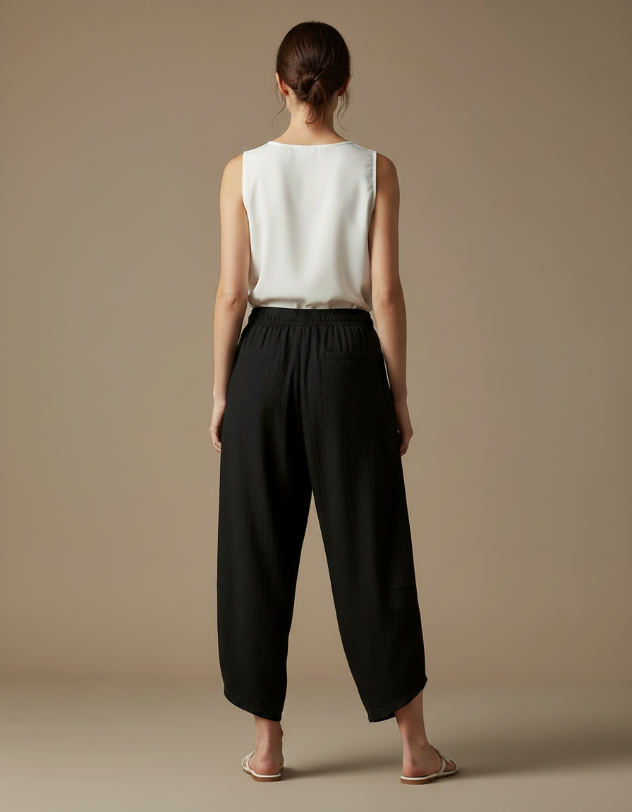 Pantalon Japonais Noir Ample Brodé Fleurs Grues - Lin - vue 2