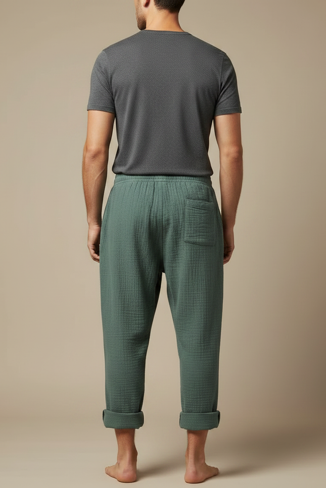 Pantalon Japonais Vert Ample Coton Texturé Confortable Homme - vue 2