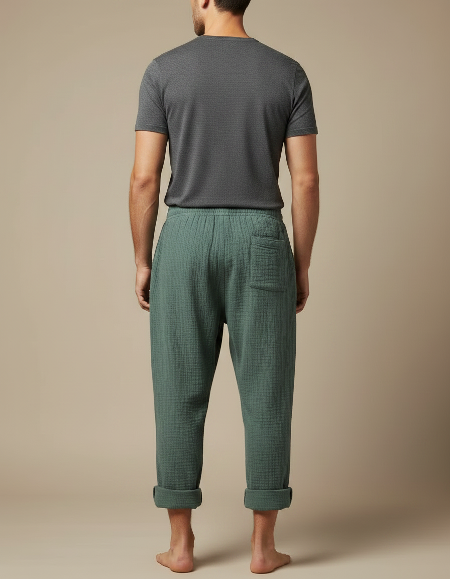 Pantalon Japonais Vert Ample Coton Texturé Confortable Homme - vue 2