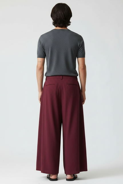 Pantalon Japonais Bordeaux Ample Dragon Tassels Fluide - Lin - vue 2