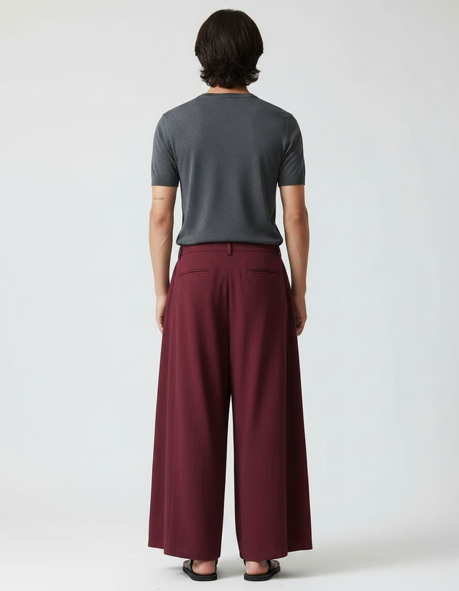 Pantalon Japonais Bordeaux Ample Dragon Tassels Fluide - Lin - vue 2