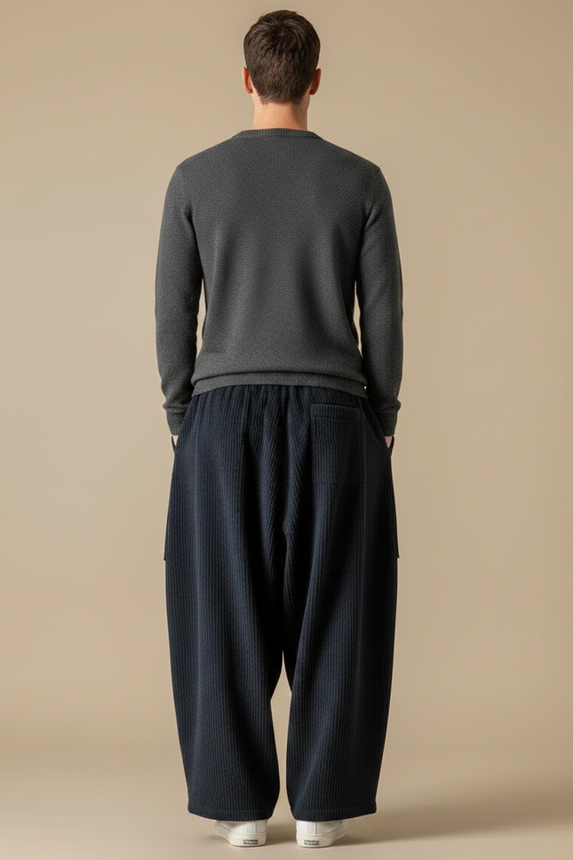 Pantalon Japonais Velours Côtelé Ample Bleu Marine Décontracté - Cordé - vue 2