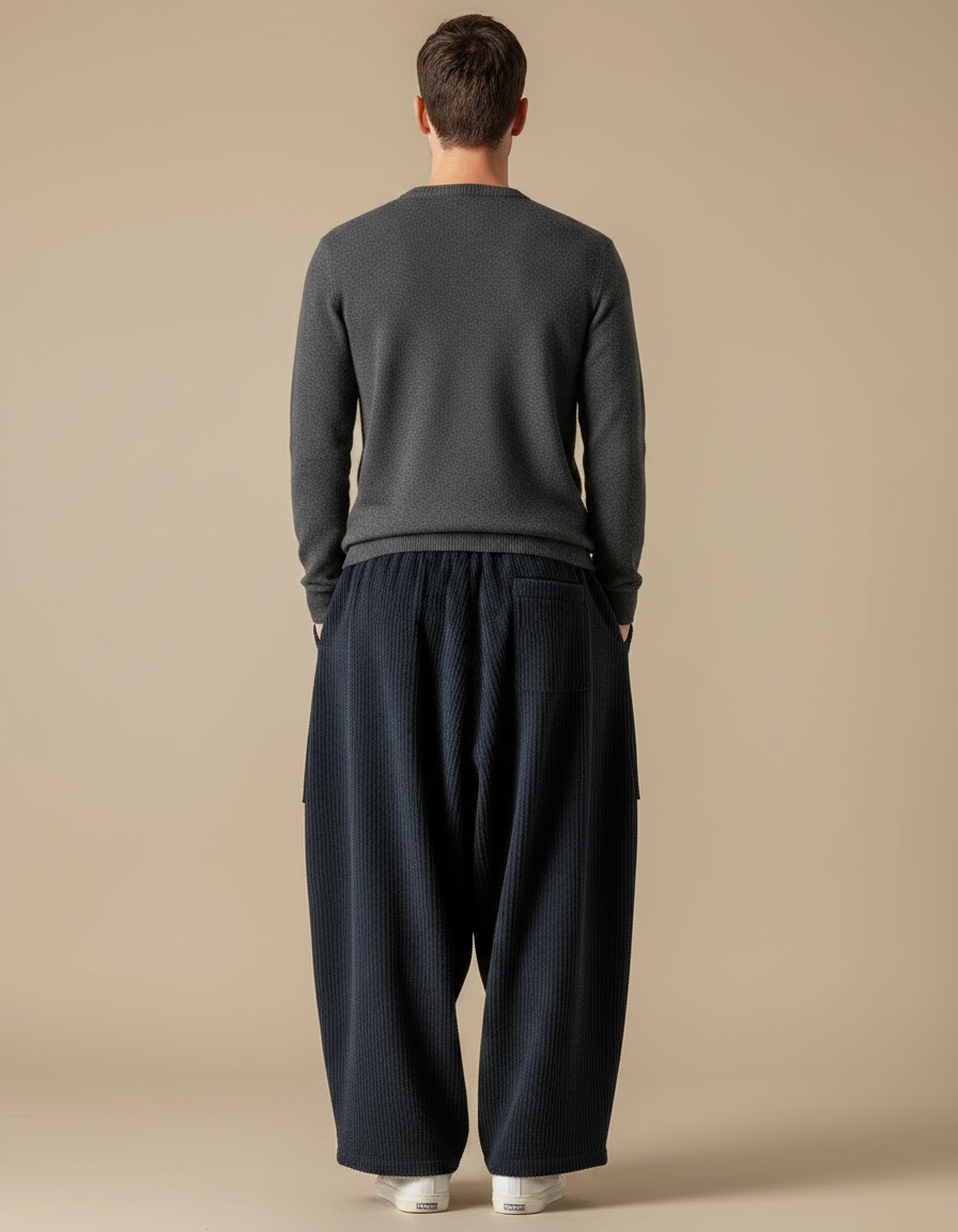 Pantalon Japonais Velours Côtelé Ample Bleu Marine Décontracté - Cordé - vue 2