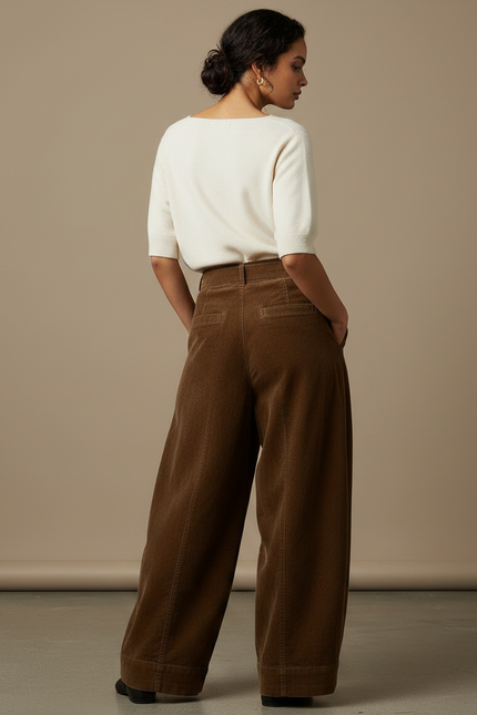 Pantalon Japonais Marron Velours Côtelé Ample Taille Haute - Cordé - vue 2