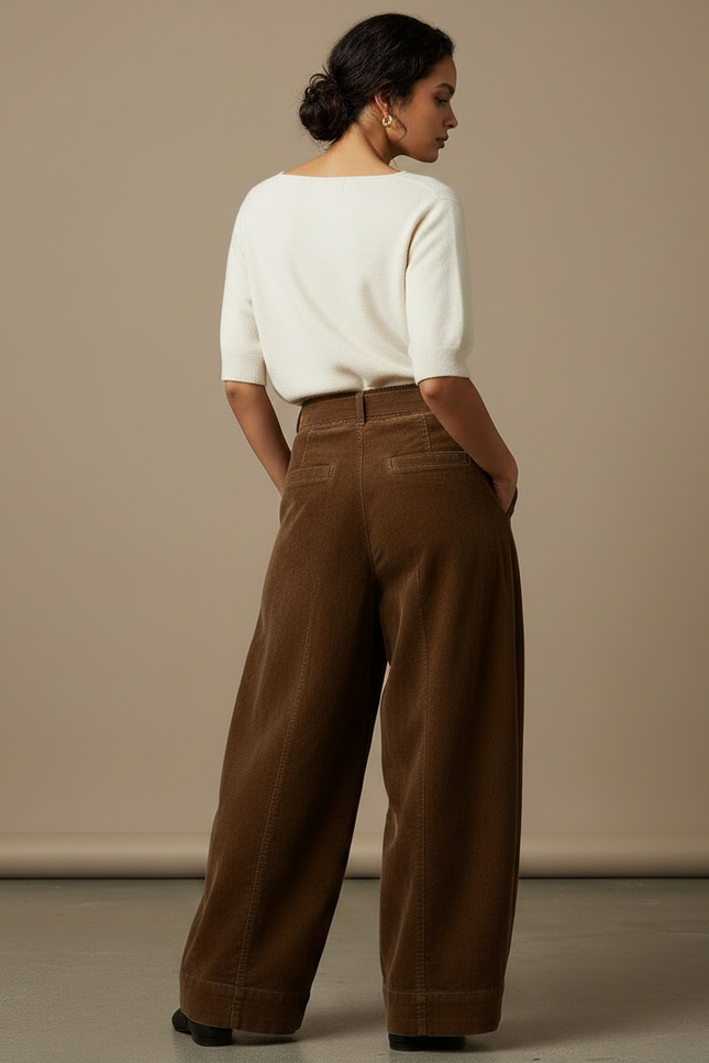Pantalon Japonais Marron Velours Côtelé Ample Taille Haute - Cordé - vue 2
