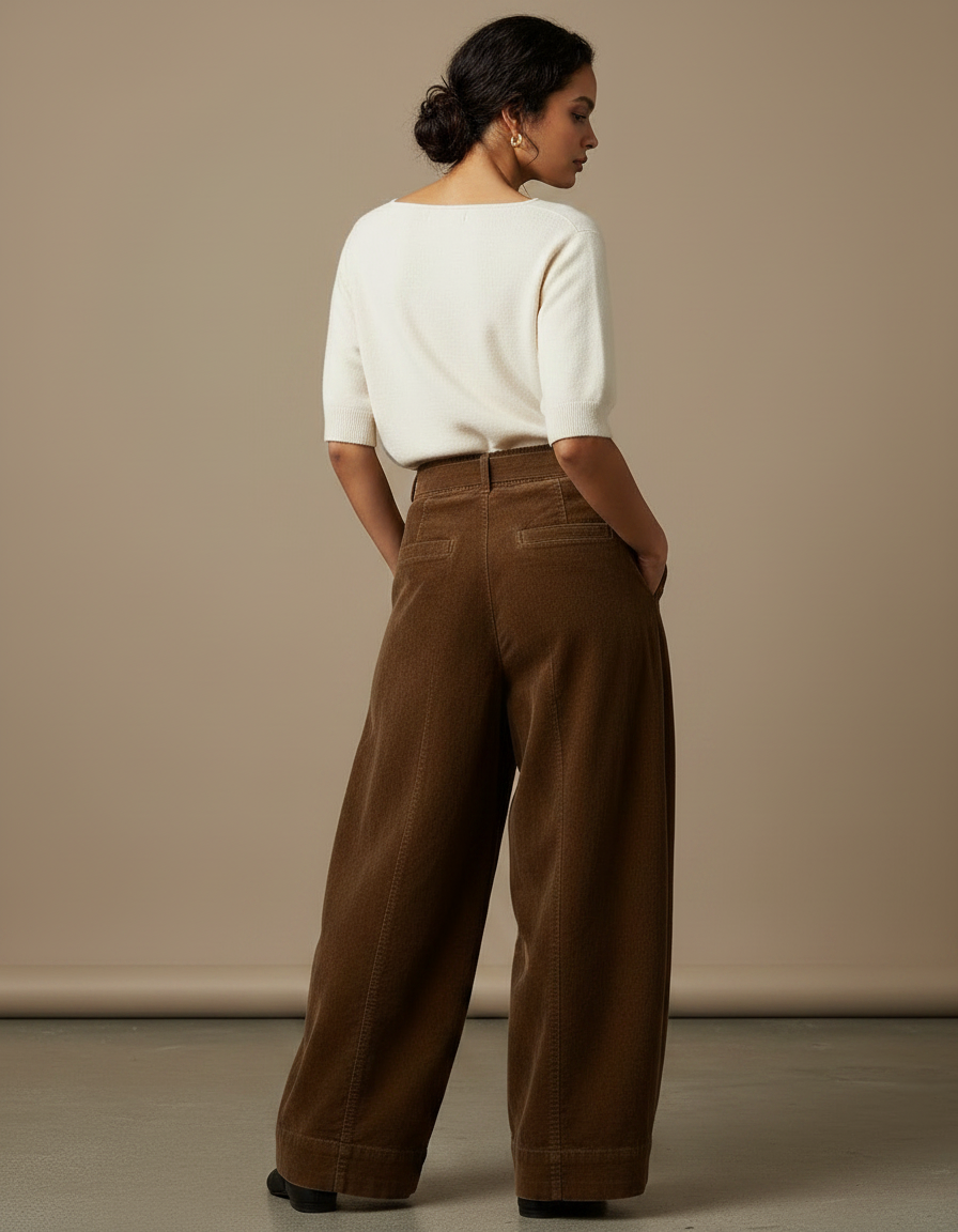 Pantalon Japonais Marron Velours Côtelé Ample Taille Haute - Cordé - vue 2