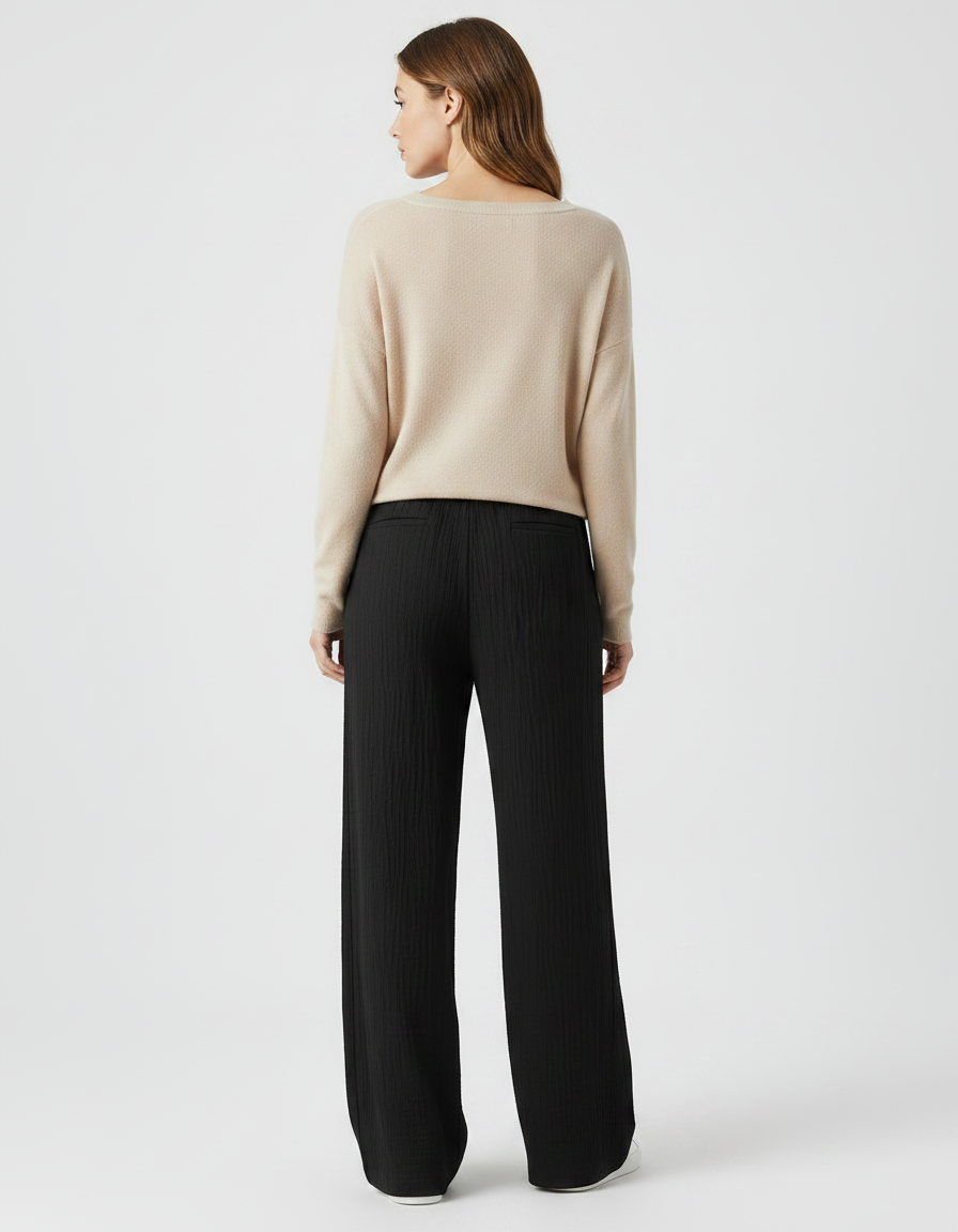 Pantalon Japonais Noir Ample Droit Plissé Décontracté - Viscose - vue 2