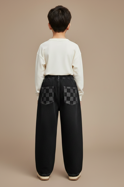 Pantalon Japonais Noir Large Carreaux Garçon Décontracté - Jean - vue 2