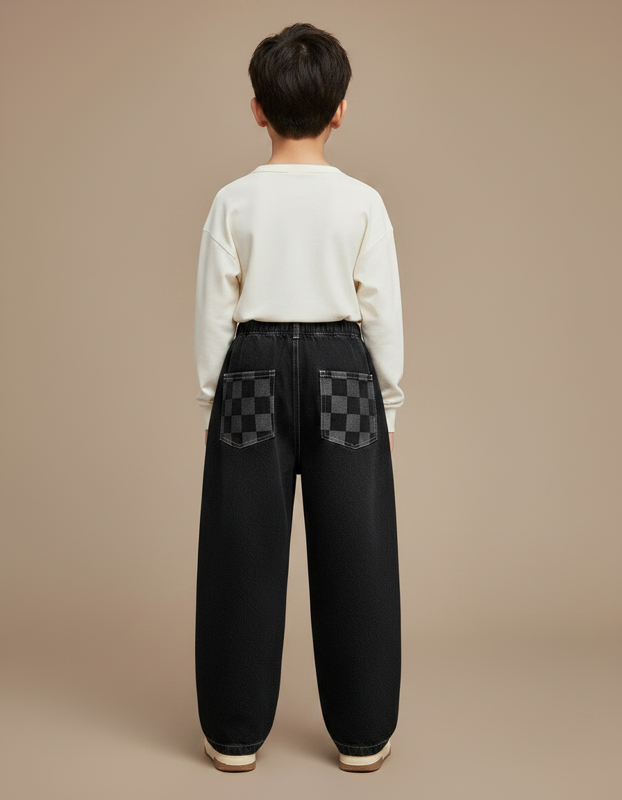 Pantalon Japonais Noir Large Carreaux Garçon Décontracté - Jean - vue 2