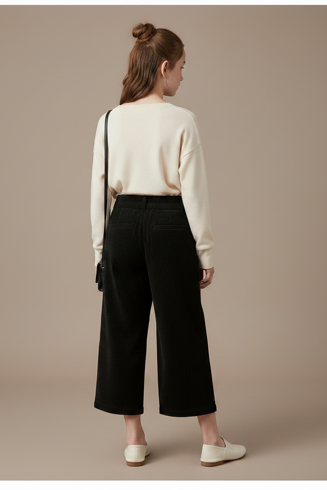 Pantalon Japonais Noir Côtelé Ample Décontracté Boutons Enfant - Cordé - vue 2