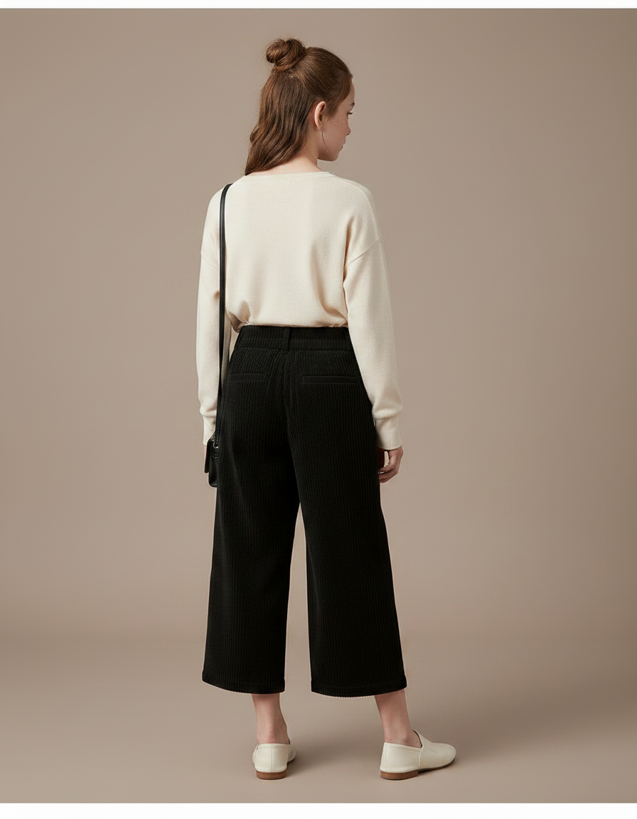 Pantalon Japonais Noir Côtelé Ample Décontracté Boutons Enfant - Cordé - vue 2
