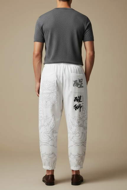 Pantalon Japonais Blanc Imprimé Lion Ample Cordon Homme - Lin - vue 2