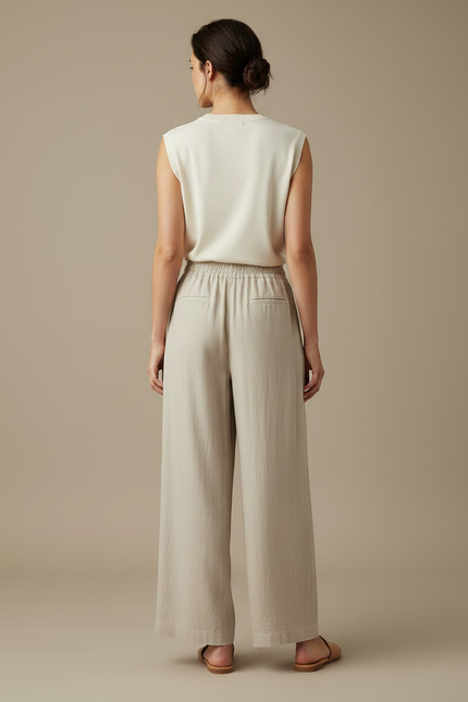 Pantalon Japonais Beige Ample Lin Léger Décontracté - vue 2
