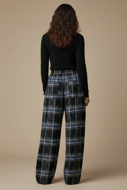 Pantalon Japonais Carreaux Larges Hiver Fluide Plissé - Multicolore Laine - vue 2