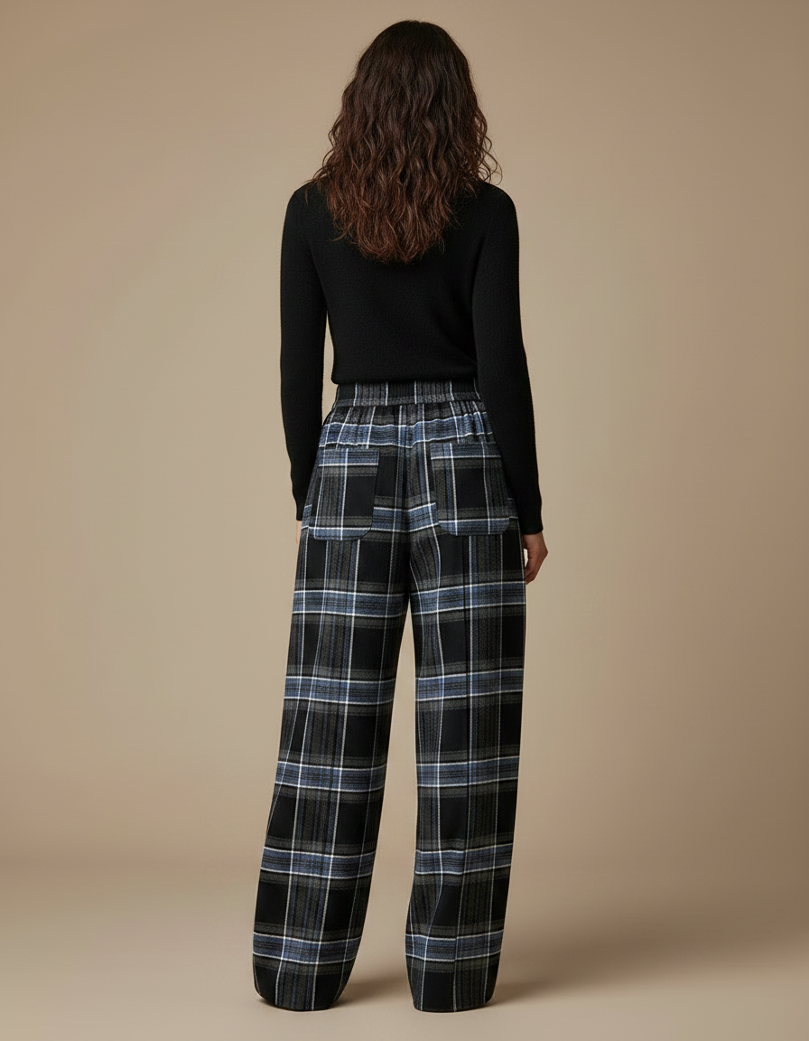 Pantalon Japonais Carreaux Larges Hiver Fluide Plissé - Multicolore Laine - vue 2