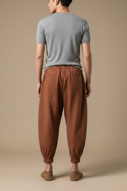 Pantalon Japonais Harem Lin Marron Plissé Cordon Homme - vue 2