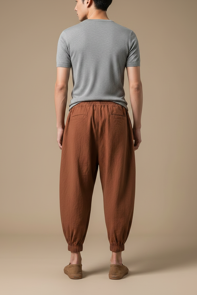 Pantalon Japonais Harem Lin Marron Plissé Cordon Homme - vue 2