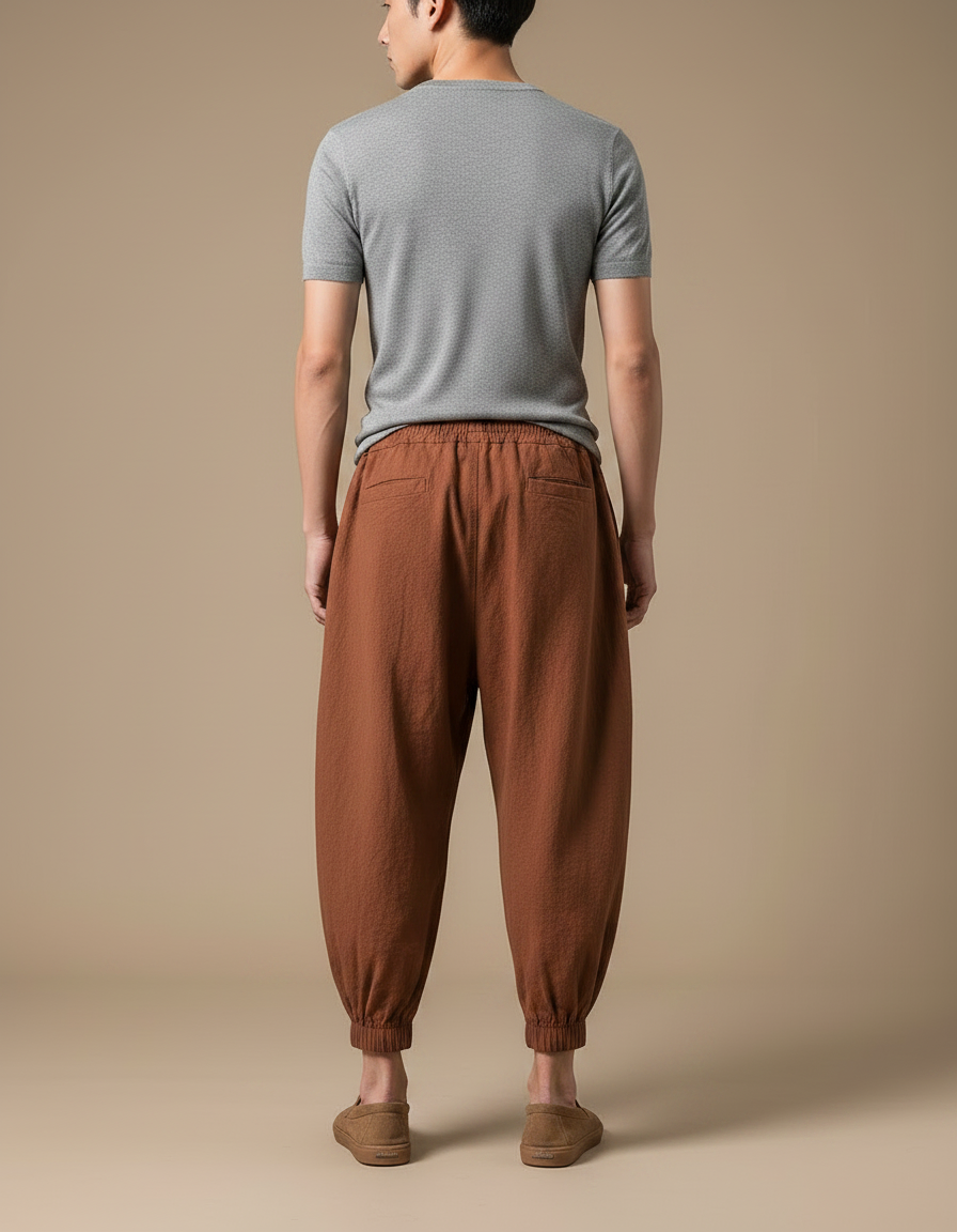 Pantalon Japonais Harem Lin Marron Plissé Cordon Homme - vue 2