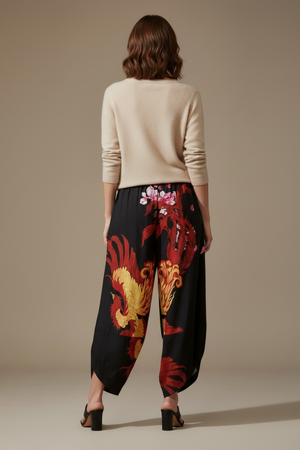 Pantalon Japonais Noir Fluide Ample Phénix Élastique - Satin - vue 2