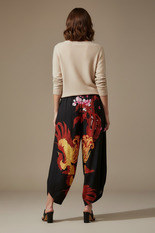 Pantalon Japonais Noir Fluide Ample Phénix Élastique - Satin - vue 2