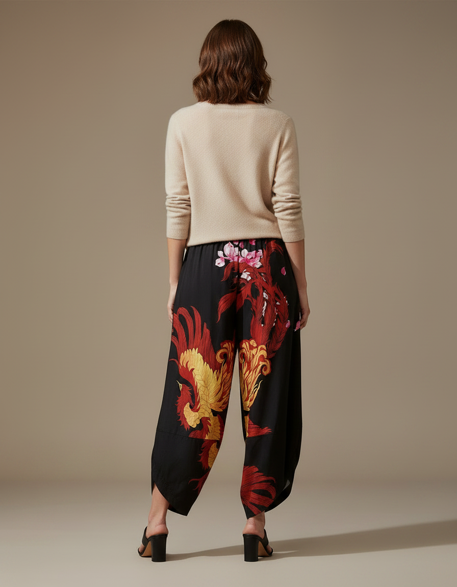Pantalon Japonais Noir Fluide Ample Phénix Élastique - Satin - vue 2