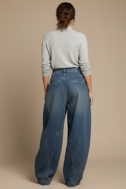 Pantalon Japonais Denim Ample Taille Haute Bleu - Jean - vue 2