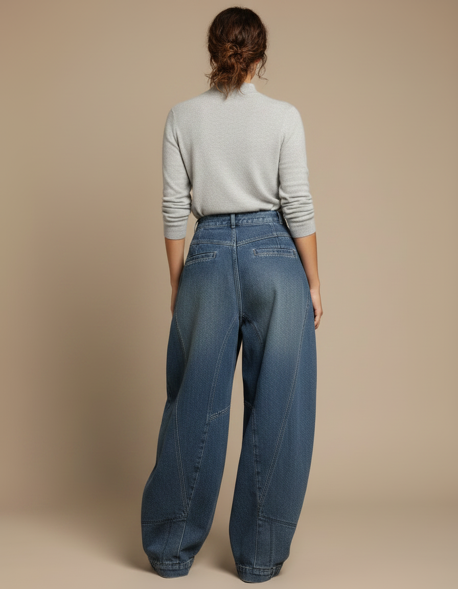 Pantalon Japonais Denim Ample Taille Haute Bleu - Jean - vue 2