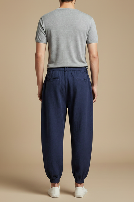 Pantalon Japonais Bleu Marine Coton Ample Brodé Ceinturé - Lin - vue 2