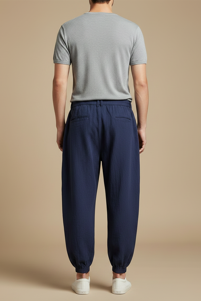 Pantalon Japonais Bleu Marine Coton Ample Brodé Ceinturé - Lin - vue 2