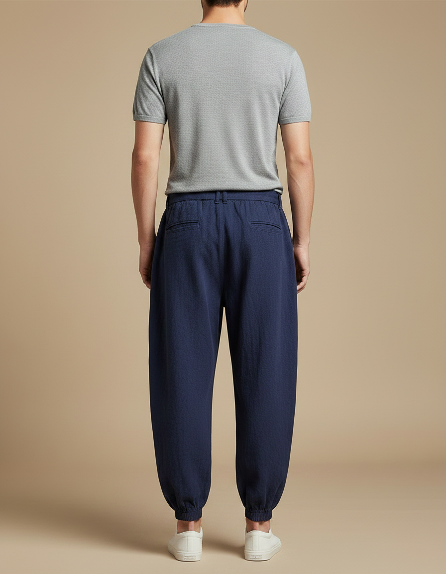 Pantalon Japonais Bleu Marine Coton Ample Brodé Ceinturé - Lin - vue 2