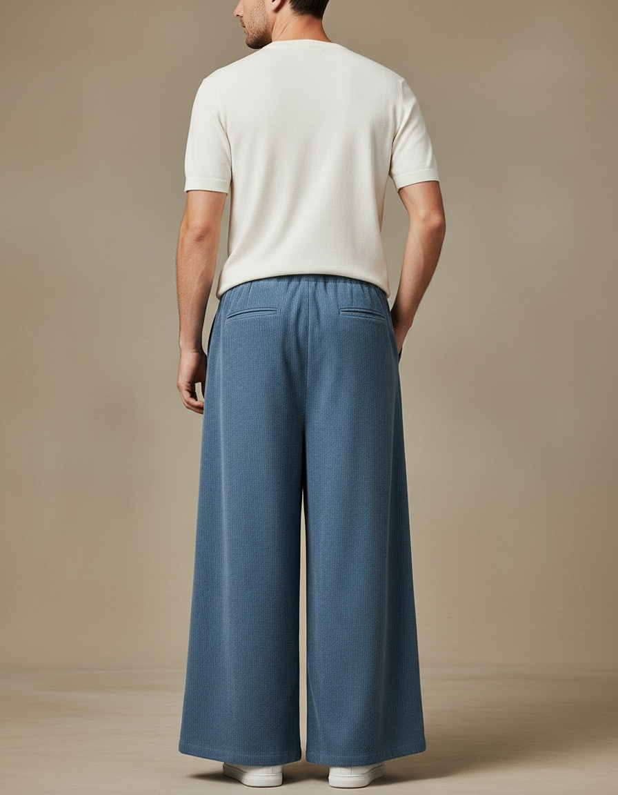 Pantalon Japonais Bleu Côtelé Ample Décontracté Homme - Cordé - vue 2