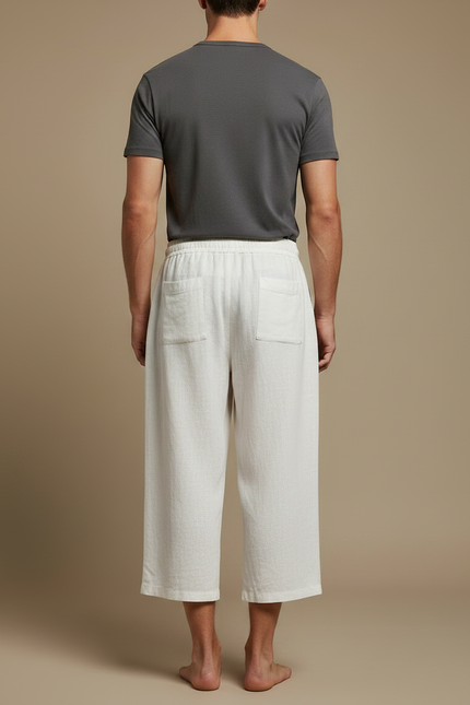 Pantalon Japonais Blanc Cassé Lin Ample Imprimé Cordon - Beige - vue 2