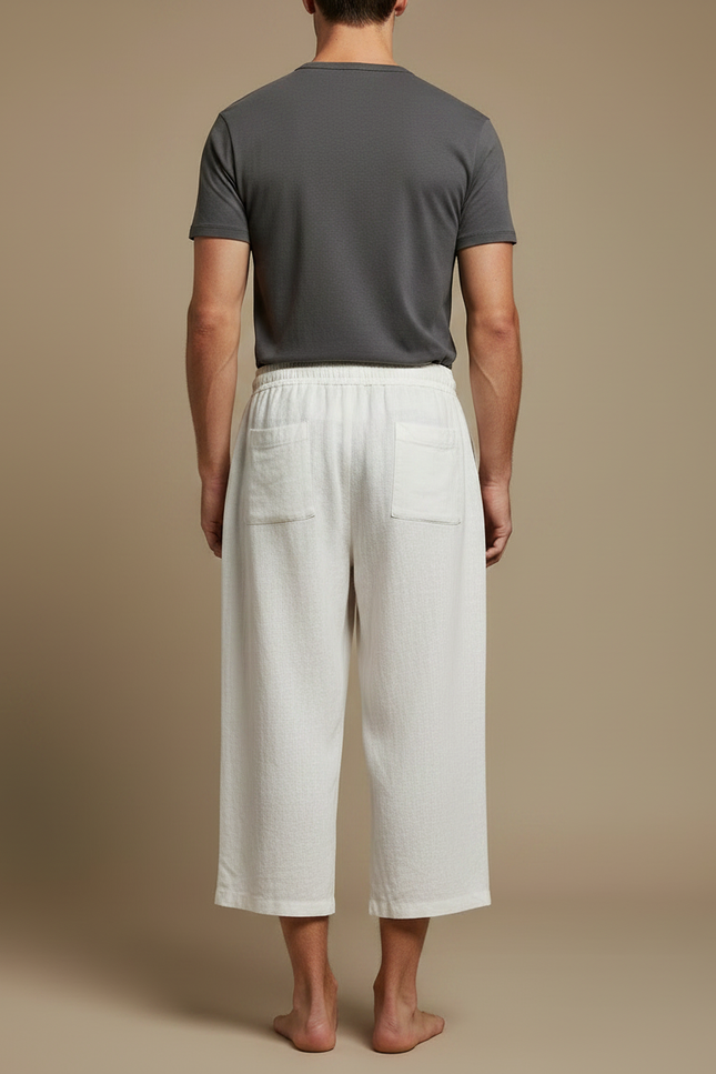Pantalon Japonais Blanc Cassé Lin Ample Imprimé Cordon - Beige - vue 2