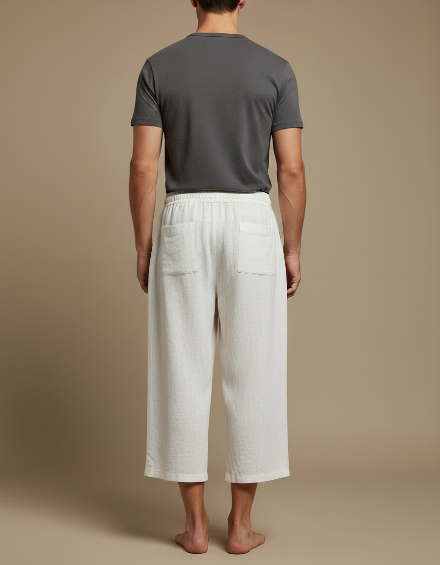 Pantalon Japonais Blanc Cassé Lin Ample Imprimé Cordon - Beige - vue 2