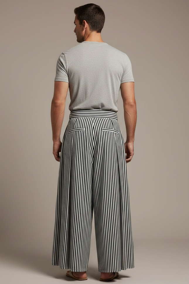 Pantalon Japonais Rayé Noir Blanc Plissé Ample Homme - Multicolore Coton - vue 2