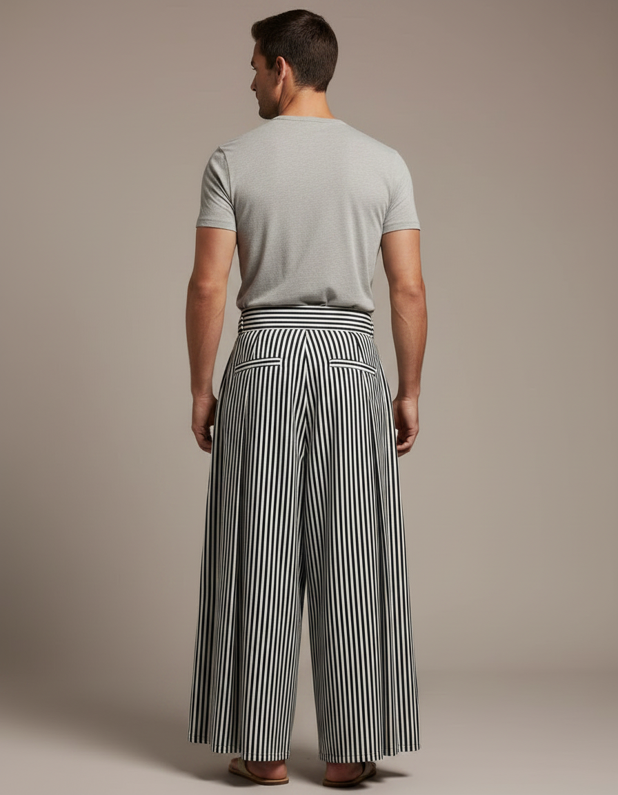 Pantalon Japonais Rayé Noir Blanc Plissé Ample Homme - Multicolore Coton - vue 2