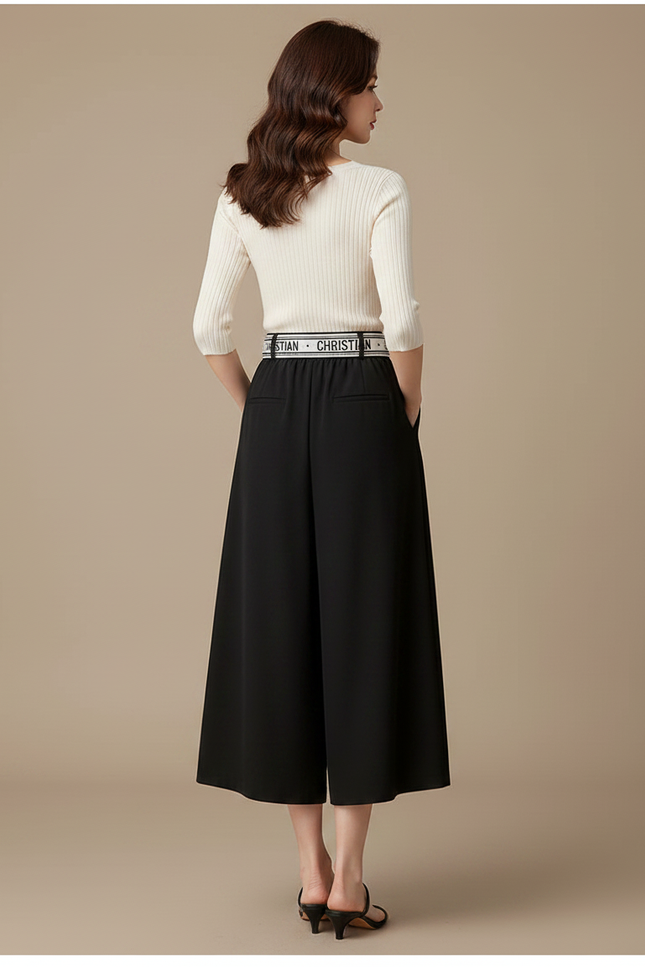 Pantalon Japonais Noir Fluide Ample Ceinture Casual - Polyester - vue 2