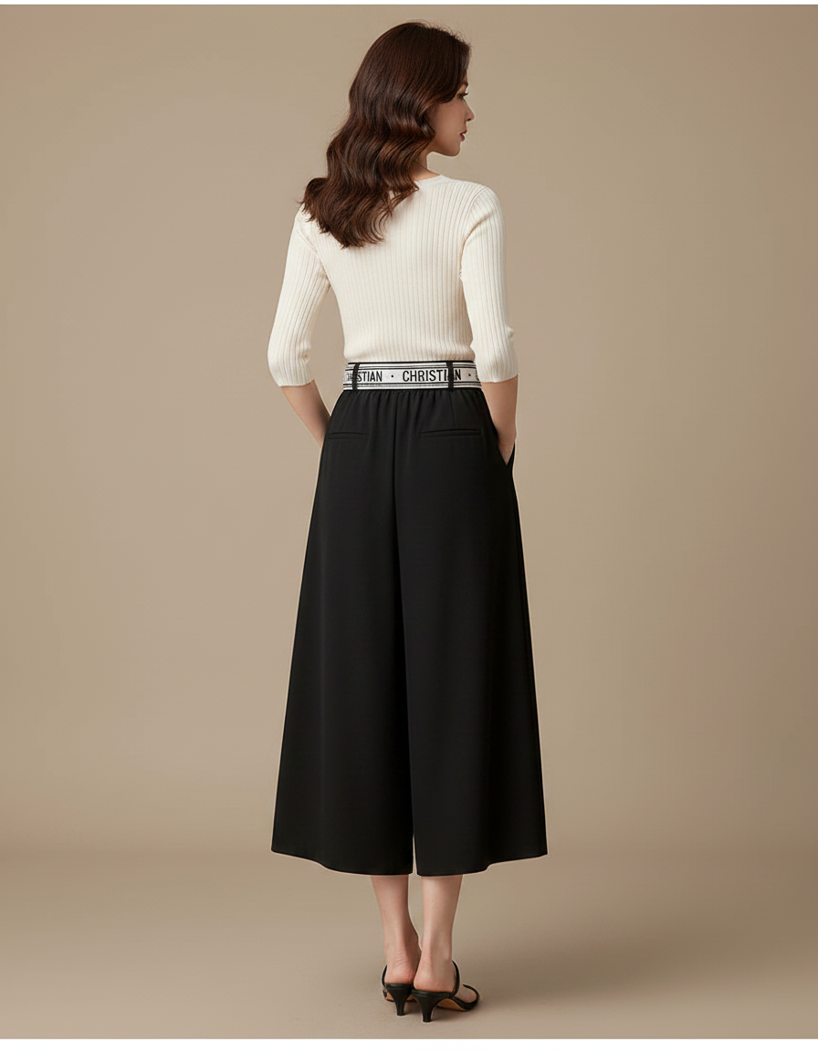 Pantalon Japonais Noir Fluide Ample Ceinture Casual - Polyester - vue 2