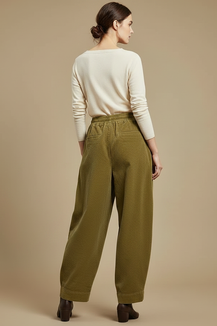 Pantalon Japonais Velours Côtelé Vert Ample Confortable - Kaki Cordé - vue 2
