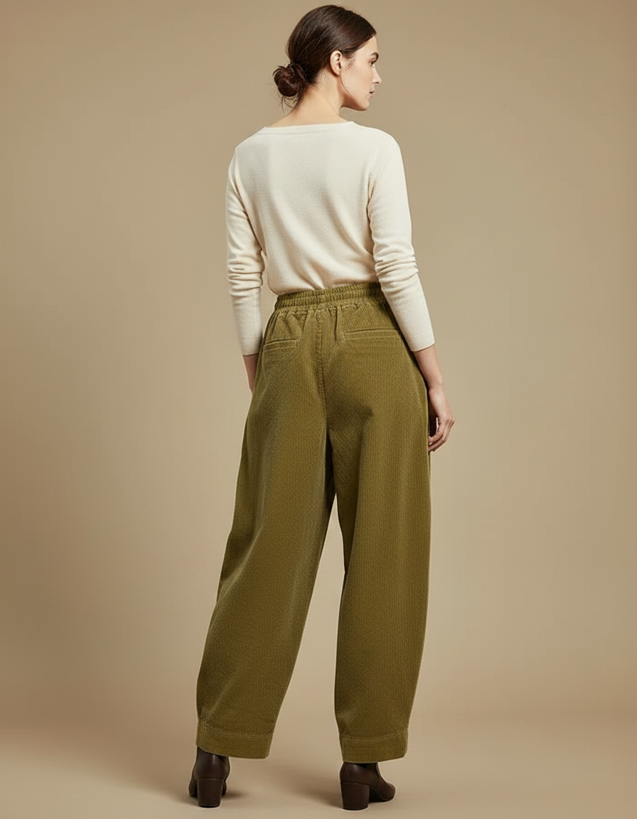 Pantalon Japonais Velours Côtelé Vert Ample Confortable - Kaki Cordé - vue 2