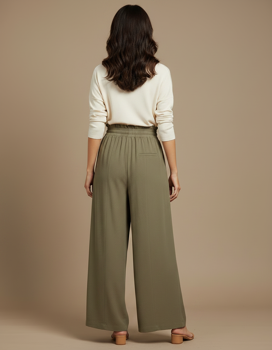 Pantalon Japonais Kaki Fluide Ample Taille Élastique - Viscose - vue 2