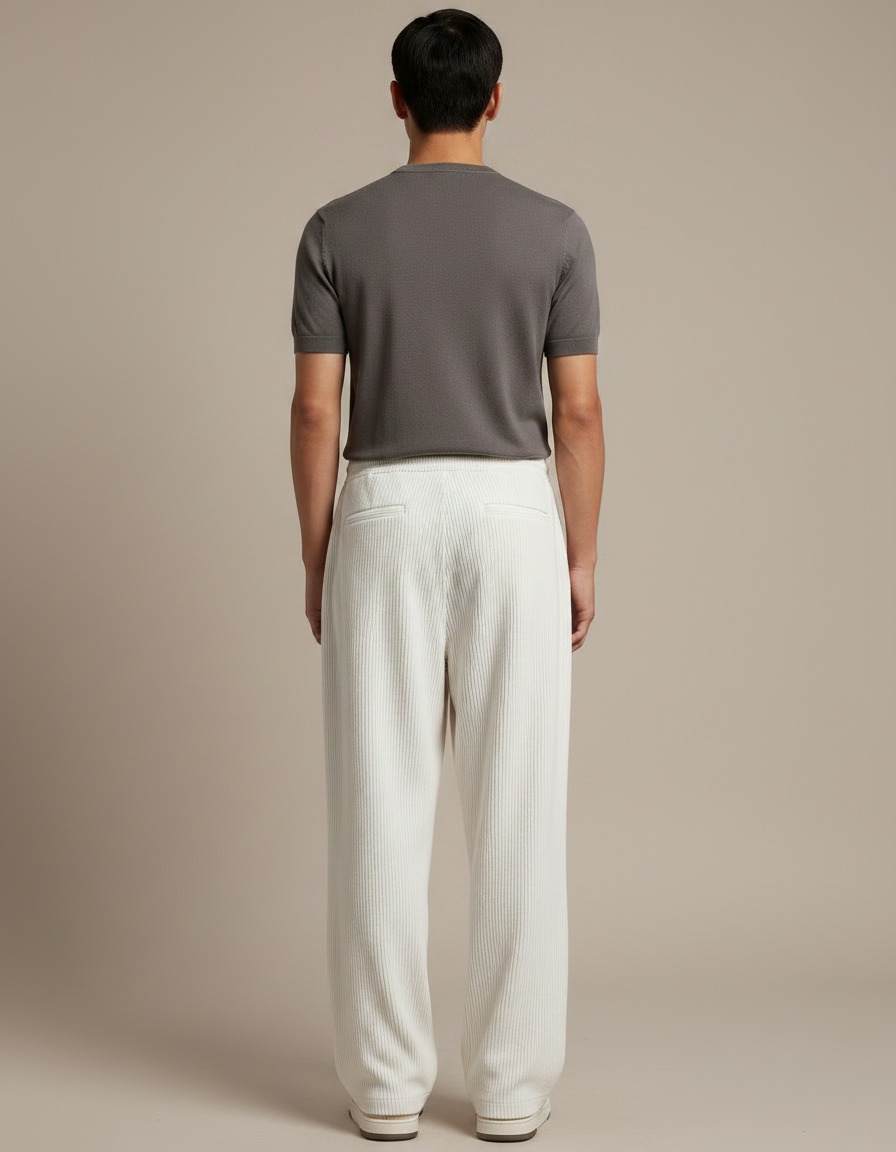 Pantalon Japonais Velours Côtelé Ample Écru Décontracté - Beige Cordé - vue 2