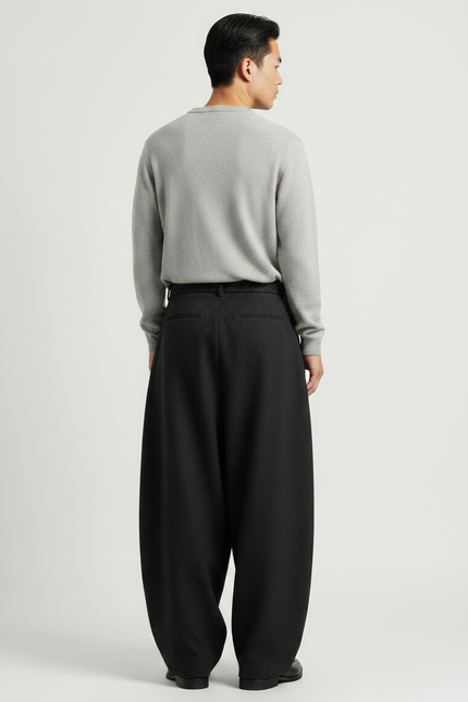 Pantalon Japonais Large Ceinturé Gris Sombre Fluide Homme - Laine - vue 2