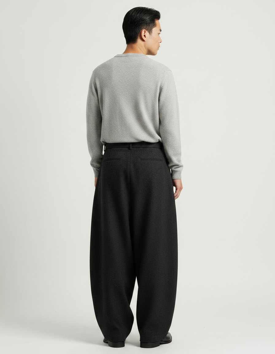 Pantalon Japonais Large Ceinturé Gris Sombre Fluide Homme - Laine - vue 2