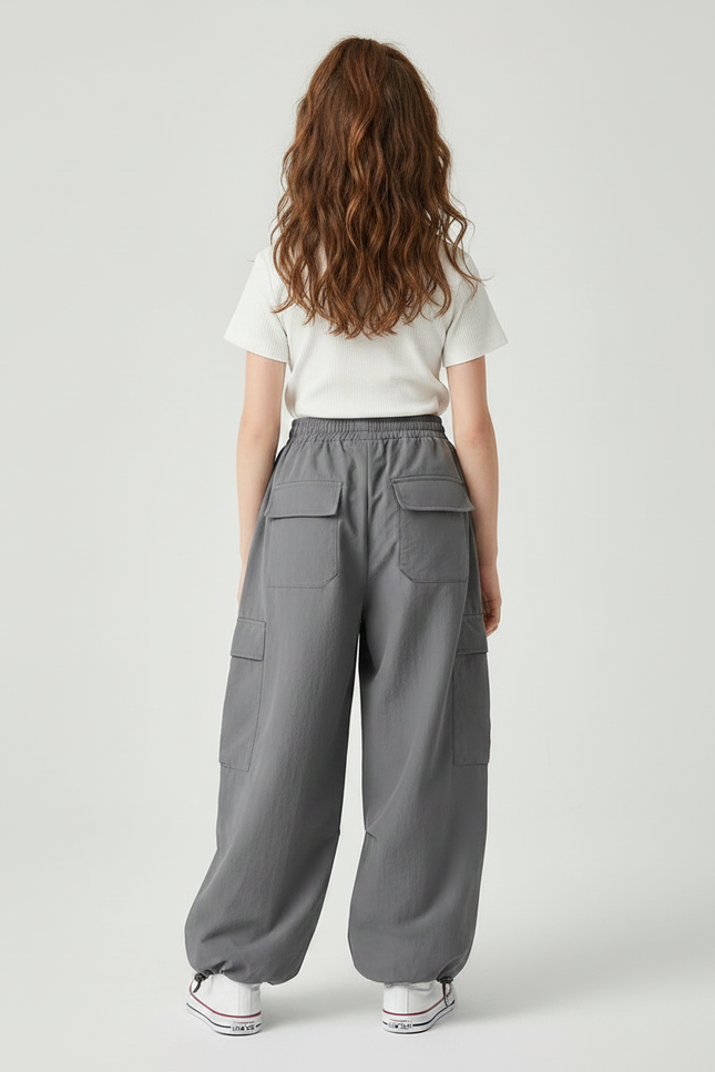 Pantalon Japonais Gris Cargo Ample Streetwear Enfant - Polyester - vue 2