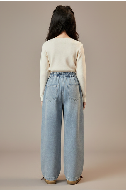 Pantalon Japonais Denim Ample Brodé Chats Mignons - Bleu Jean - vue 2