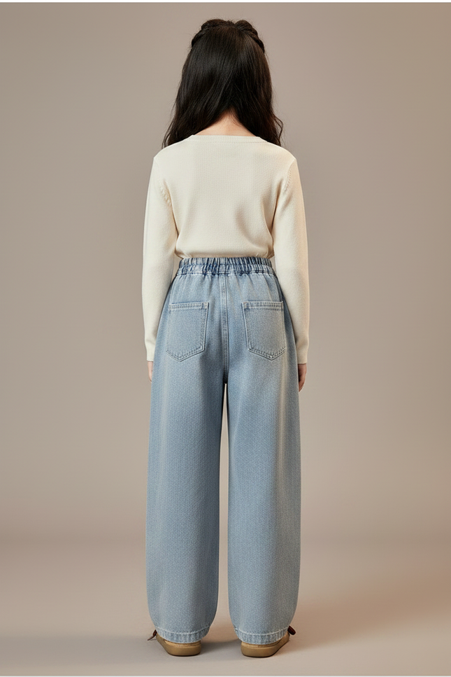 Pantalon Japonais Denim Ample Brodé Chats Mignons - Bleu Jean - vue 2