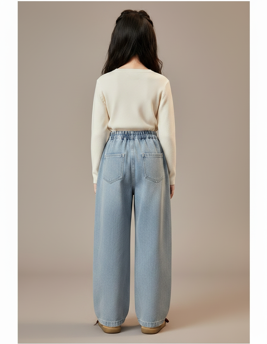 Pantalon Japonais Denim Ample Brodé Chats Mignons - Bleu Jean - vue 2