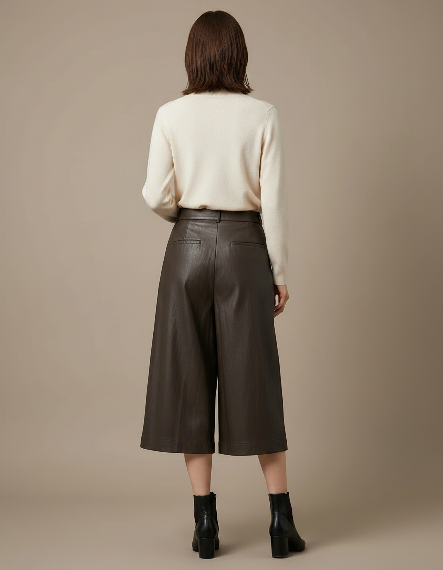 Pantalon Japonais Marron Cuir Ample Élégant Femme - vue 2