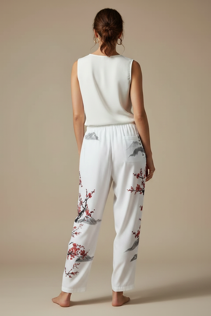 Pantalon Japonais Blanc Fluide Imprimé Cerisier Rouge - Viscose - vue 2
